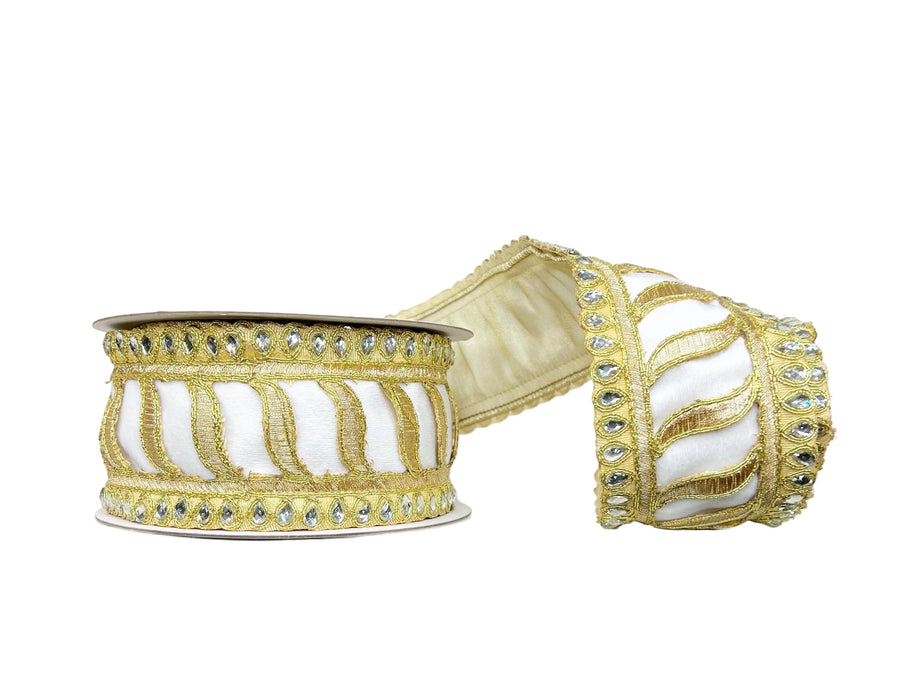 Gold & Ivory Elegant Jeweled Trim Velvet Gold Backing 2.5" 5Y Wired Ribbon
