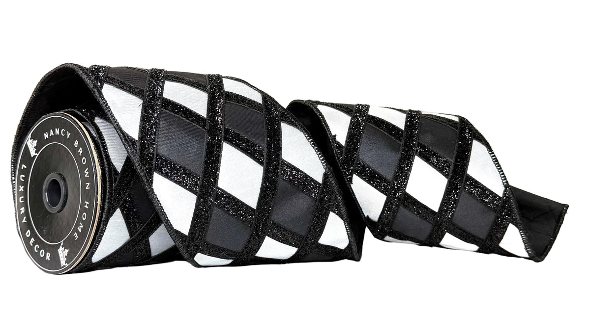 Pre-Order 2026- Black & White Lux Harlequin Double Faced Wired Ribbon