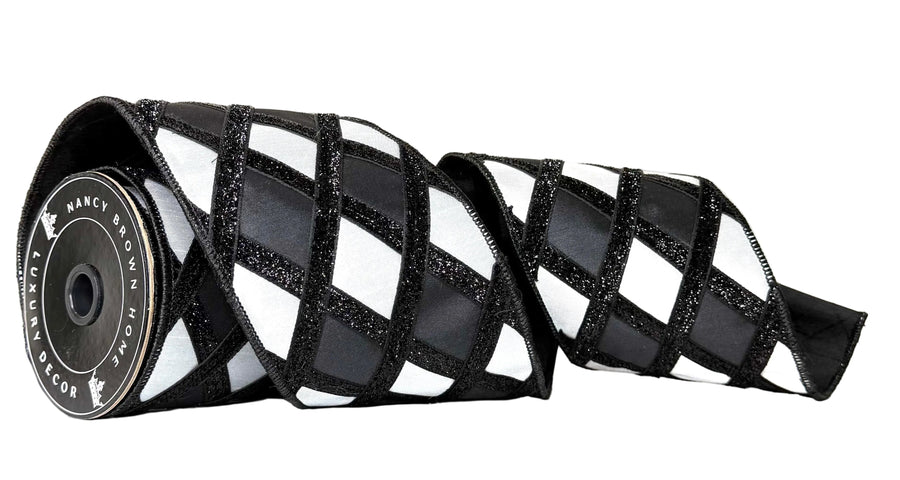 Pre-Order 2026- Black & White Lux Harlequin Double Faced Wired Ribbon