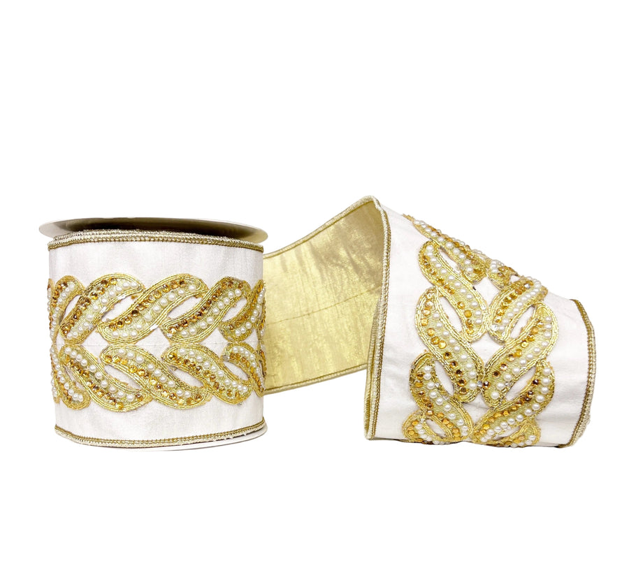 Ivory Pearl and Gold Gem Encrusted Patterned Trim Gold Metallic Dupioni Backing 4" x 5Y Wired Ribbon