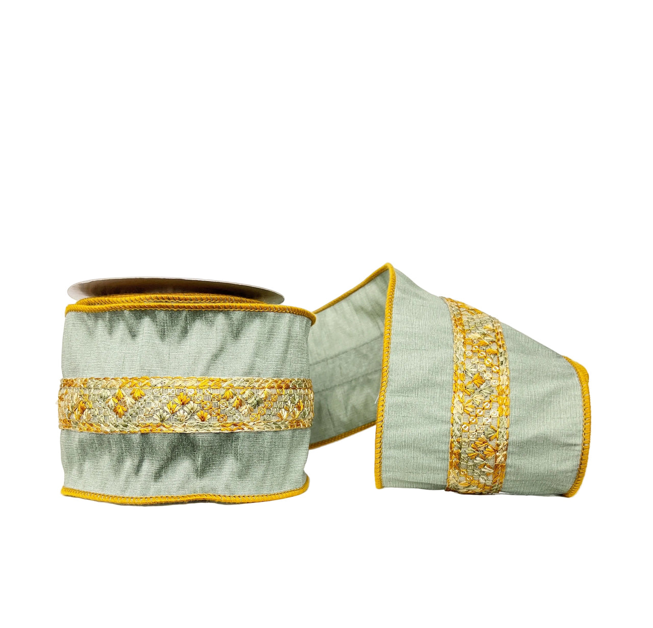 Green Dupioni With Jute Trim Wired 4" x 5Y Ribbon