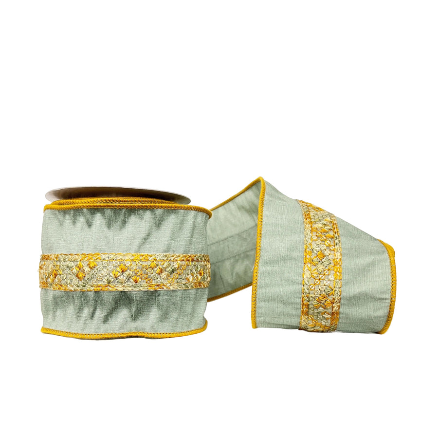Green Dupioni With Jute Trim Wired 4" x 5Y Ribbon