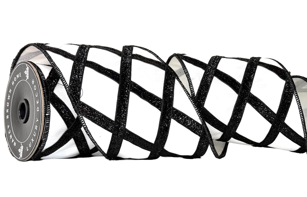 Pre-Order 2026- Black/White Velvet Harlequin Lux Double Faced Wired Ribbon