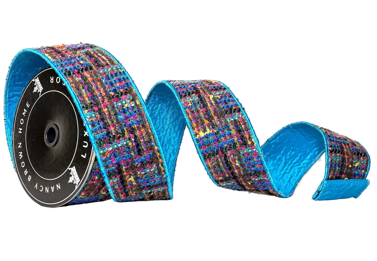 Pre-Order 2026- Tweed with Blue Piping and Backing Double Sided Wired Ribbon 2.5"x10Y
