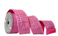 Pre-Order 2026- Hot Pink /Blue Tweed  Piping and Backing Double-sided Wired Ribbon 2.5