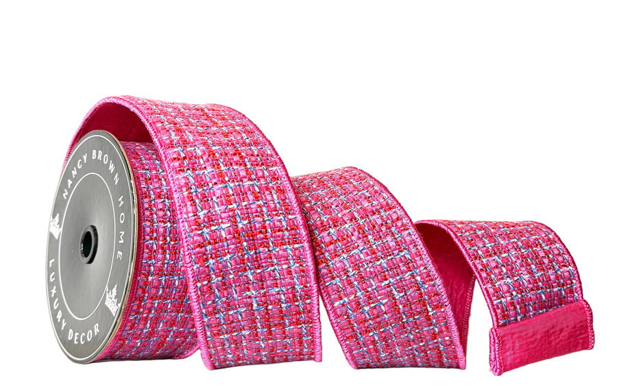 Pre-Order 2026- Hot Pink /Blue Tweed  Piping and Backing Double-sided Wired Ribbon 2.5" x10Y