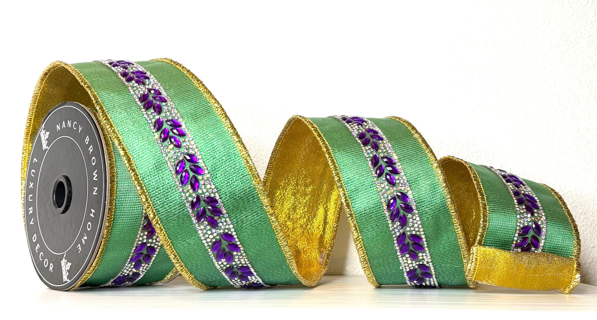 Pre-Order 2026- Shimmer & Shine Mardi Gras Green, Purple and Gold 2.5" x 5Y Double Faced Wired Ribbon
