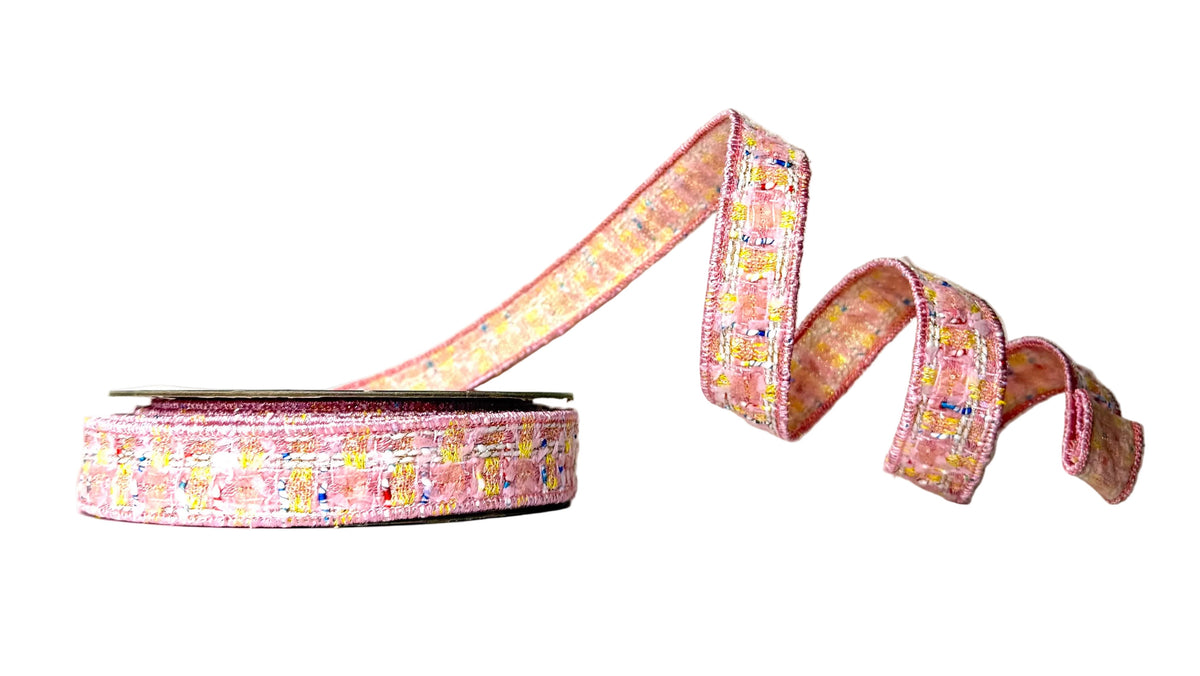 Pre-Order 2026- Pink Tweed  Piping and Backing Doublesided Wired Ribbon