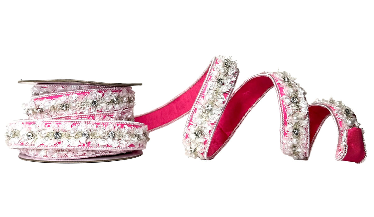 Pre-Order 2026- The Ba Bam Collection- Pearl & Diamond  1"x5Y Pink Double-Faced Wired Ribbon