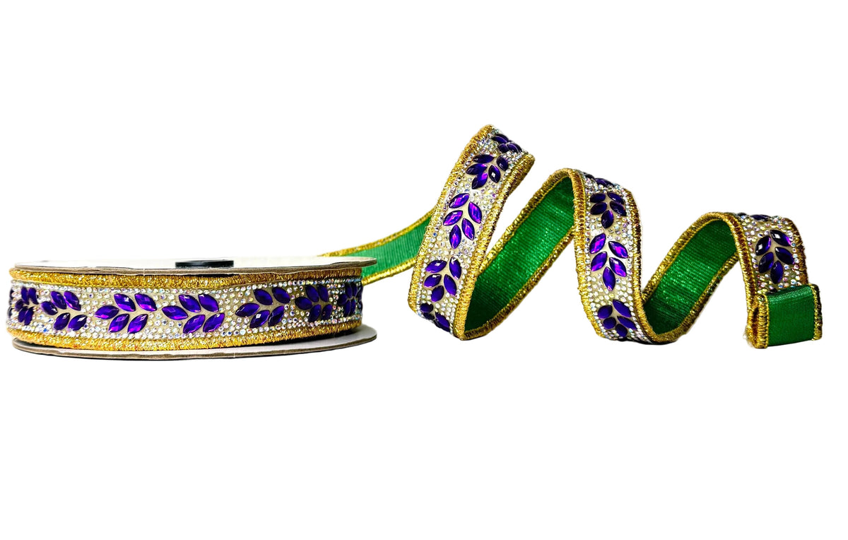Pre-Order 2026- Shimmer & Shine Mardi Gras Purple,Green and Gold 1" x 5Y Doublesided Wired Ribbon Gold Piping