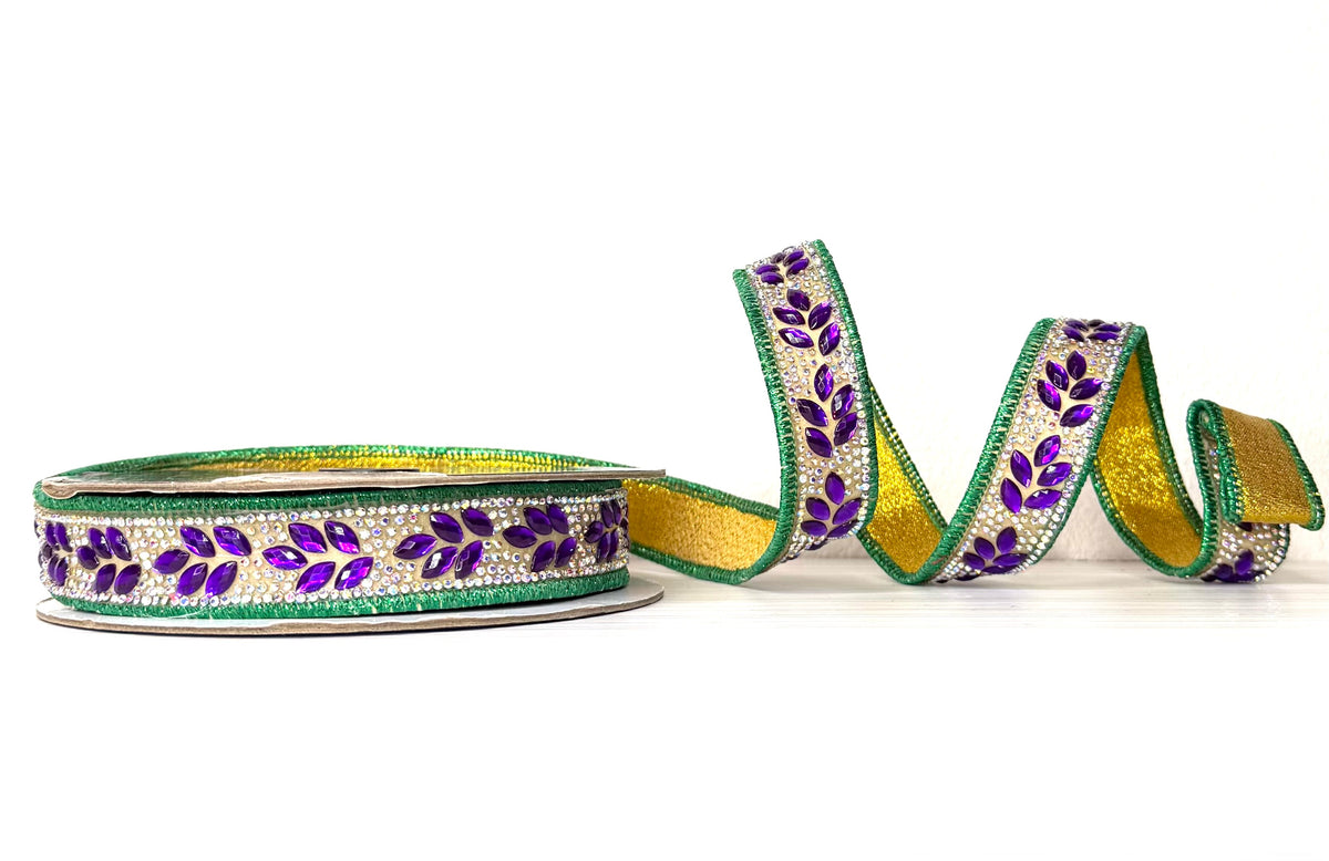 Pre-Order 2026- Shimmer & Shine Mardi Gras Purple, Green and Gold Double-Faced Wired Ribbon Green Piping