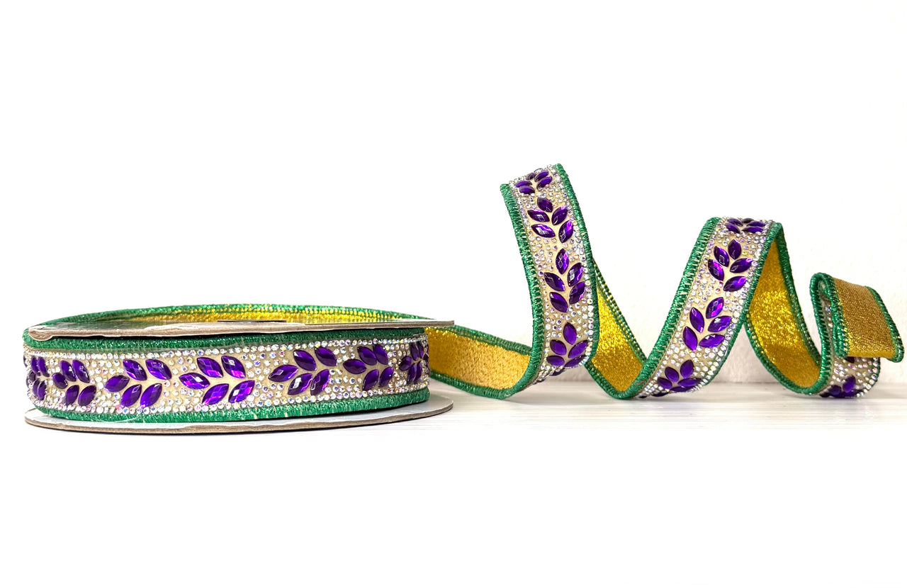 Pre-Order 2026- Shimmer & Shine Mardi Gras Purple, Green and Gold Double-Faced Wired Ribbon Green Piping