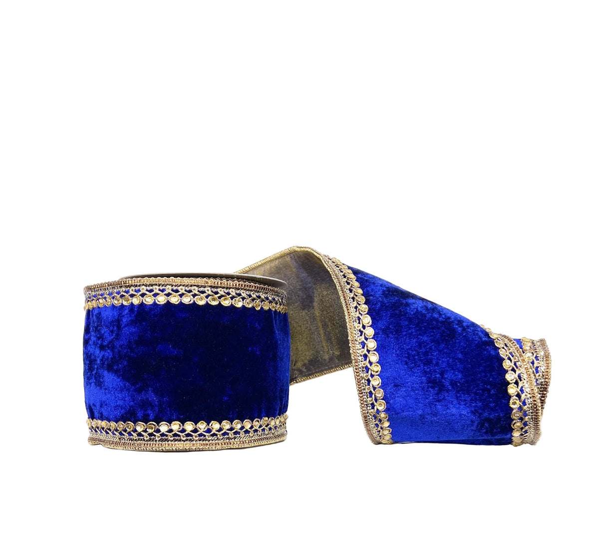 Blue Velvet Double Sided Gold Gemstone Elaborate Trim 4" x 5Y Wired Ribbon-
