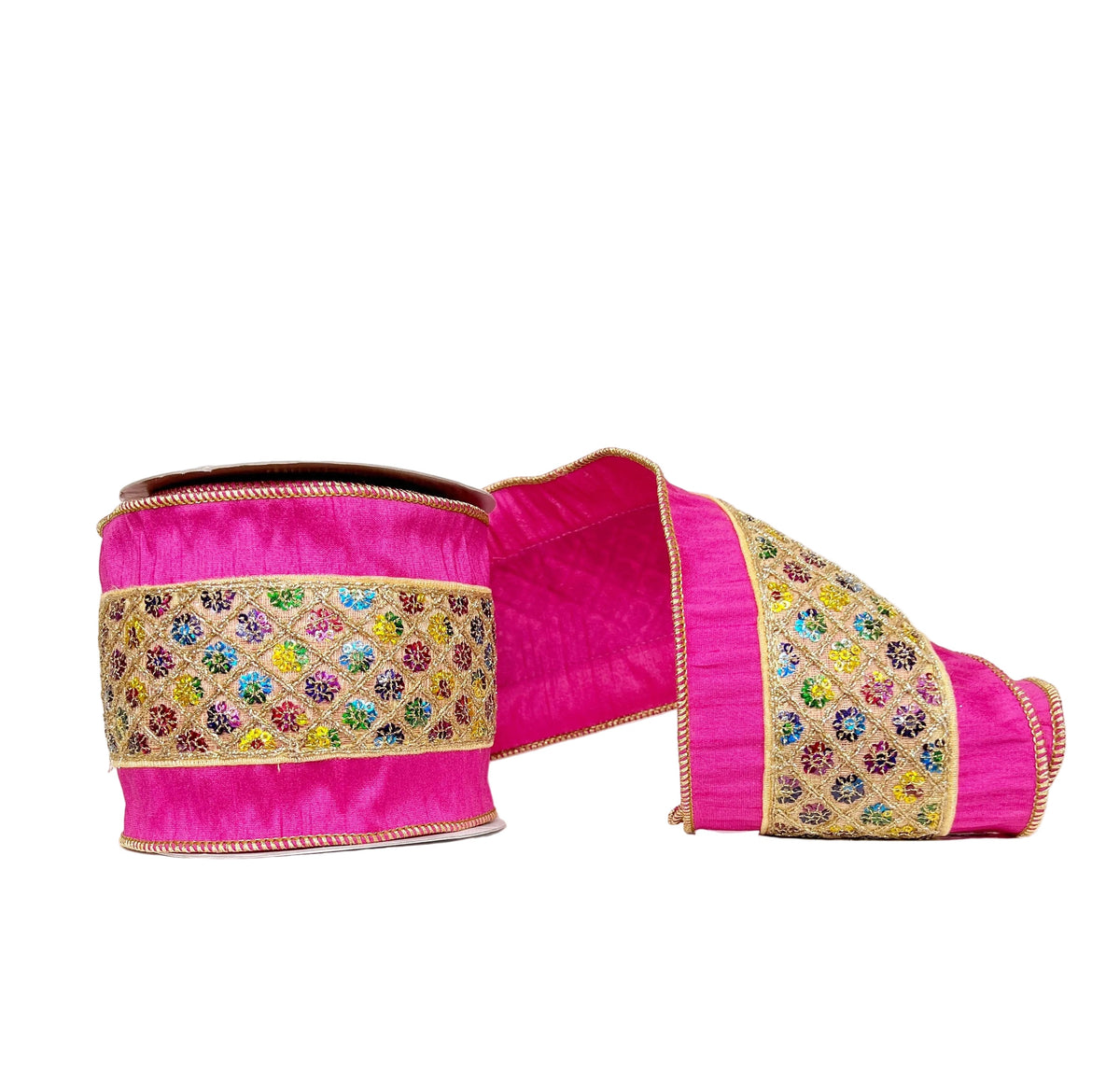 Multi Sequin Diamond Trim Pink Dupion 4" x 5Y Wired Ribbon