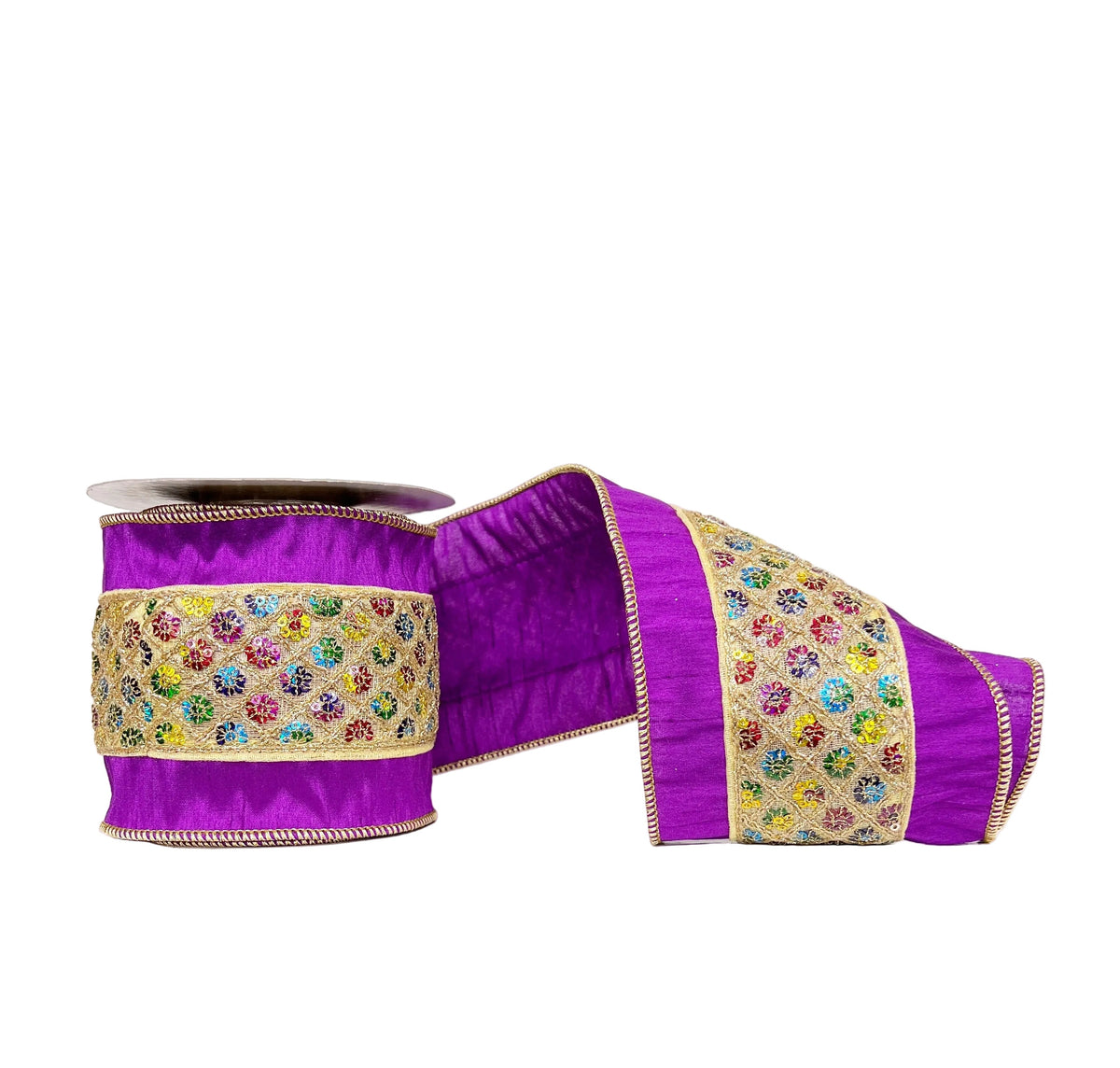 Multi Sequin Diamond Trim Purple Dupion 4" x 5Y Wired Ribbon