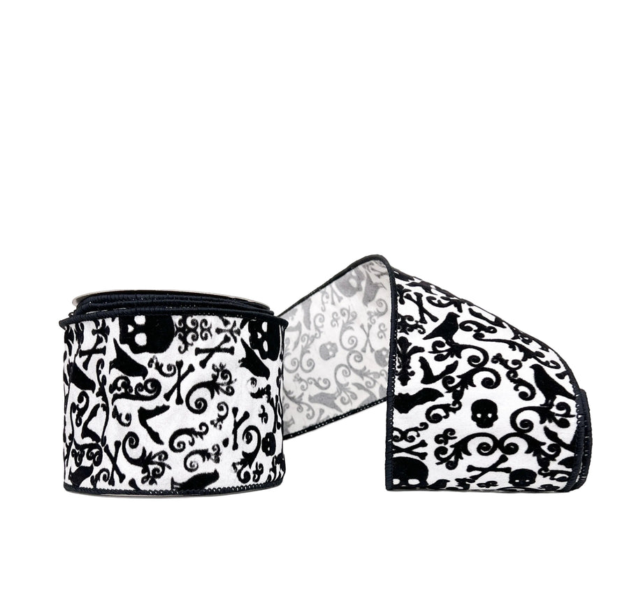 Halloween Collection- Black & White Skull, Crow & Cross Bones Flocked Dupioni 4" x 5Y Wired Ribbon