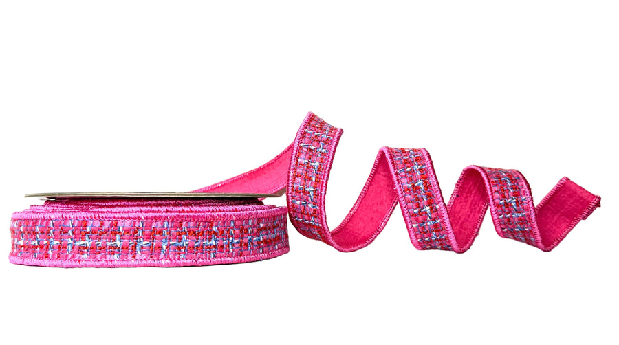 Pre-Order 2026- Hot Pink Tweed  Piping and Backing Double Faced Wired Ribbon