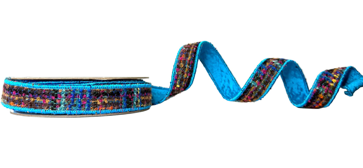 Pre-Order 2026- Tweed with Blue Piping and Backing Double Faced Wired Ribbon