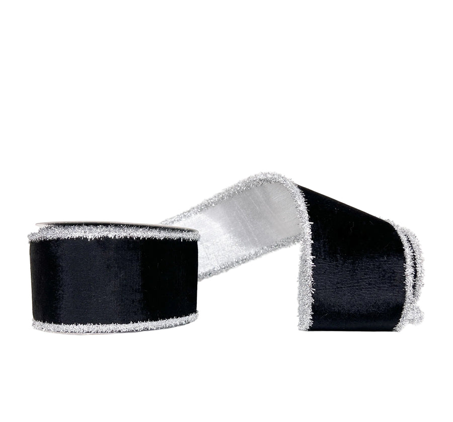 Halloween Collection- Black Viscose Velvet & Silver with Silver Tinsel Trim 2.5" x 5Y Wired RIbbon