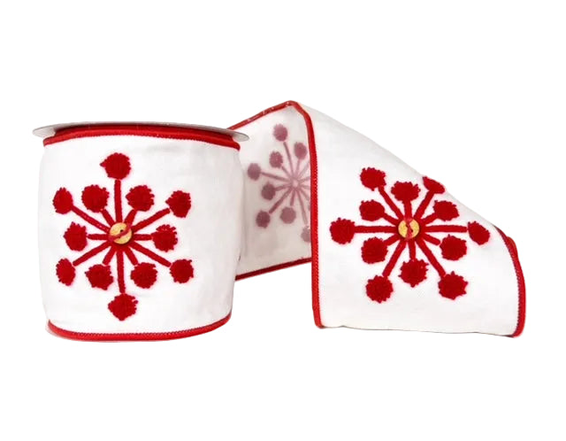 Red and White Snowflake Embroidered Canvas Wired Ribbon with Natural Button Bead Center 4" x 5Y