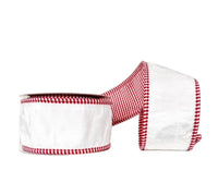 Red and White Mini Check Trim Double SIded Tafetta and White Velvet Wired Ribbon 2.5