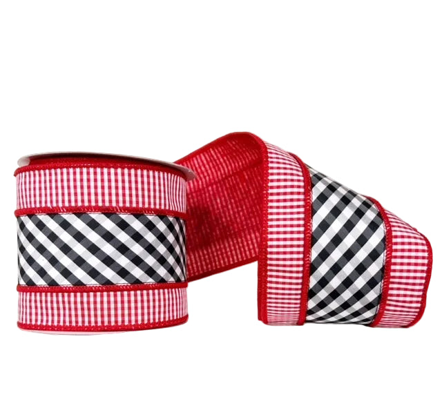 Red and White Mini Check Trim Tafetta Black/White Center Wired Ribbon 4" x 5Y