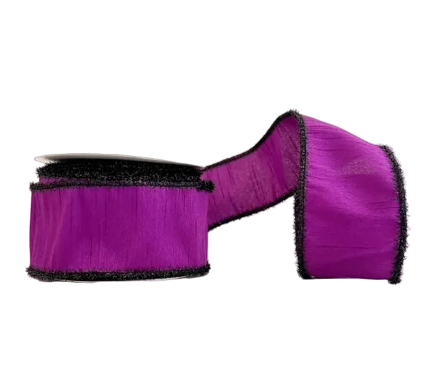 Halloween Collection Dupioni Purple with Black Tinsel Edging Wired Ribbon 2.5" x 5Y