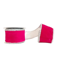 Hot Pink Viscose Velvet Double Fused Silver Tinsel Edging Wired Ribbon 2.5