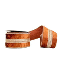 Rust Velvet with Herringbone Smooth Center Metallic Trim Wired Ribbon 2.5