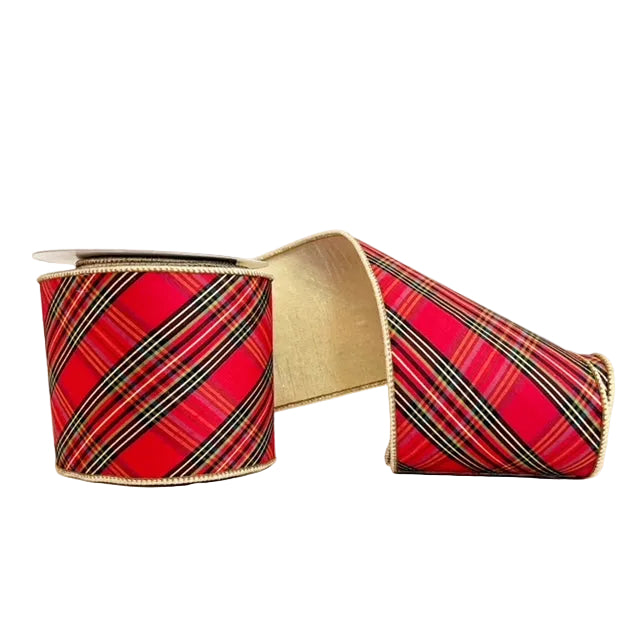 Red Bias Cut Metallic Tartan Gold Double Fused Double Sided Wired Ribbon 4" x 5Y