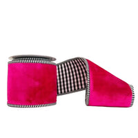 Hot Pink Viscose Velvet Small Black & White Checks with Edging Double Fused Tafetta Double Sided Wired Ribbon 4