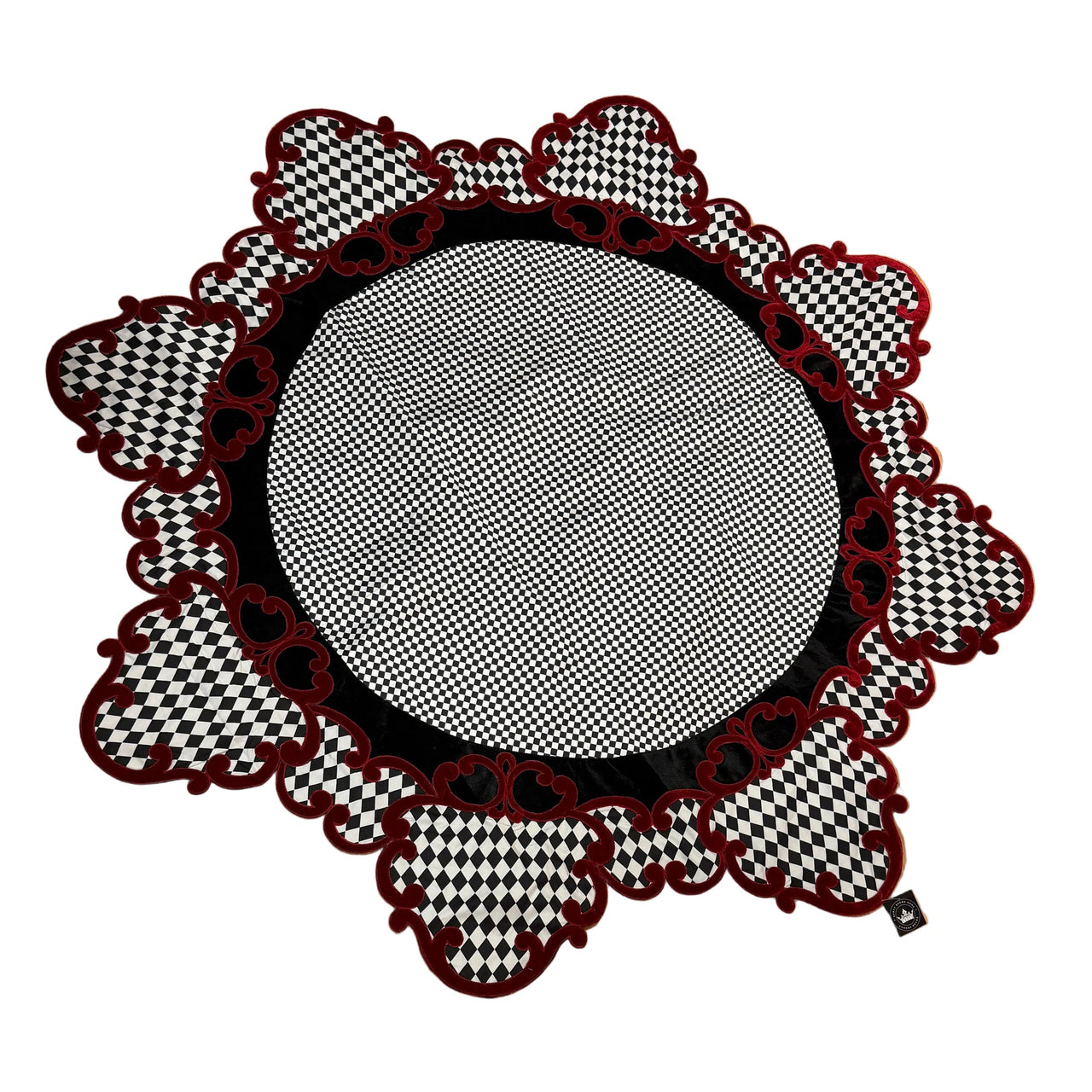 Pre-Order 2026- Black & White Harlequin Round Overlay with Ornate Red Velvet Edges