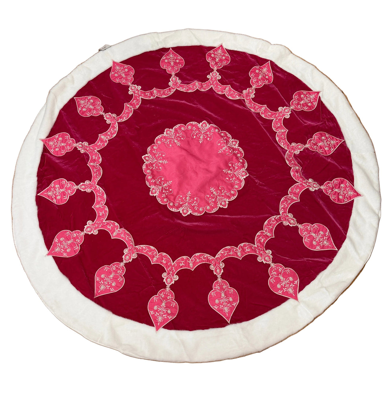 Pre-Order 2026- The Pink Palace Collection- Hot Pink Velvet, Pearls and Soft White Faux Fur Trim Table Overlay