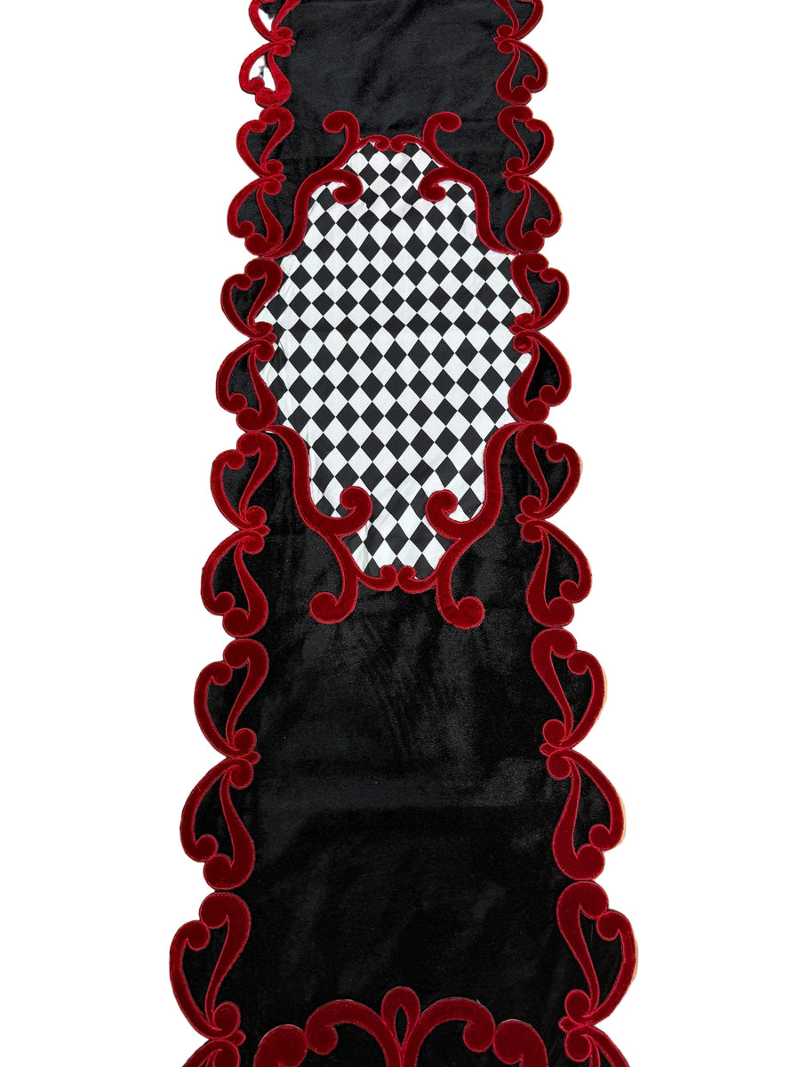 Pre-Order 2026- Black & White Velvet Harlequin with Ornate Red Velvet Edges Runner
