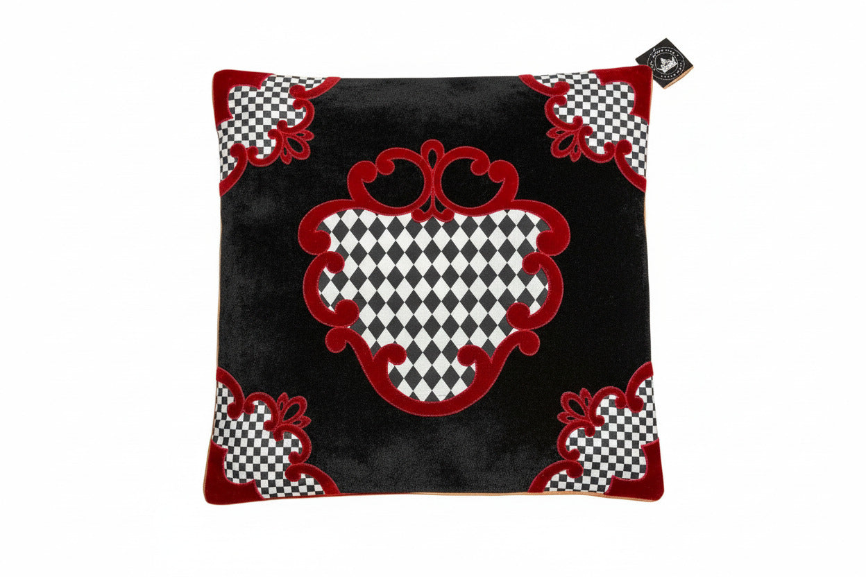 Pre-Order 2026- Black & White Harlequin with Ornate Red Velvet Edges Pillow Cover