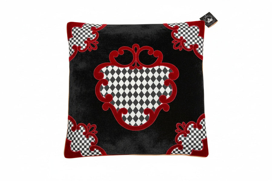 Pre-Order 2026- Black & White Harlequin with Ornate Red Velvet Edges Pillow Cover