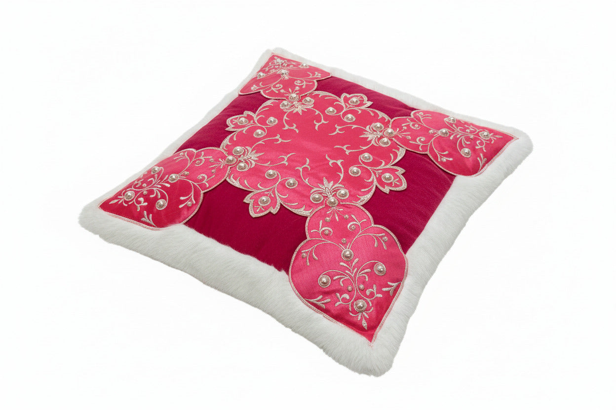 Pre-Order 2026-The Pink Palace Collection- Hot Pink Velvet, Pearls and Soft White Faux Fur Trim Pillow Cover