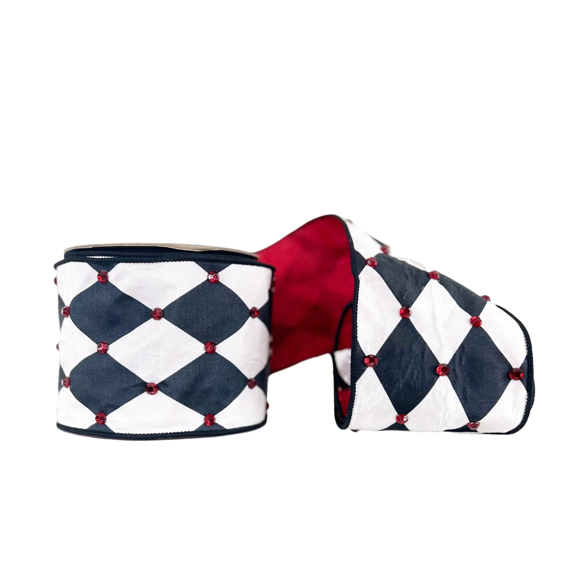 Pre-Order 2026- Harlequin with Red Gems and Red Backing Double Faced 4"x10Y Wired Ribbon