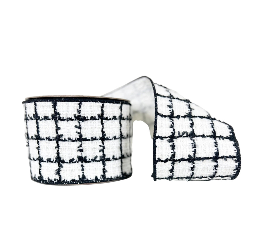 Pre-Order 2026- Black and White Tweed 4"x10Y Wired Ribbon