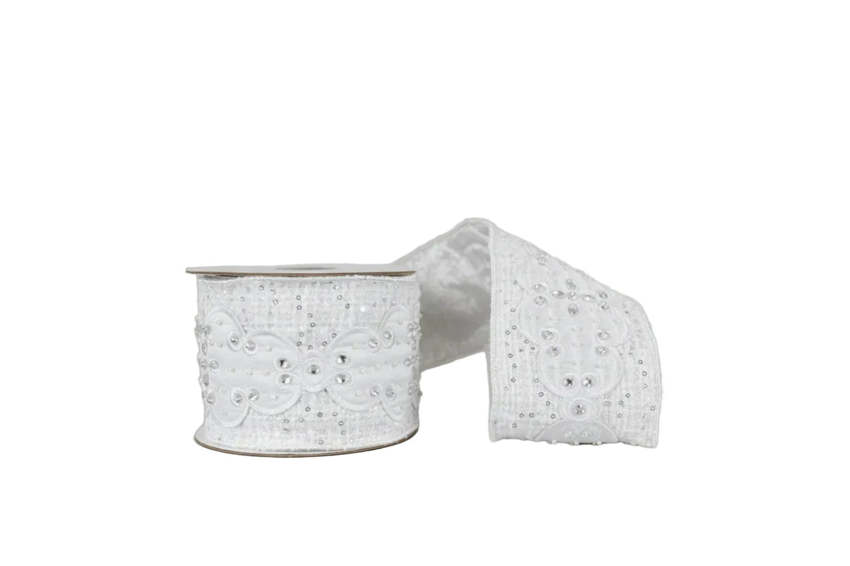 Pre-Order 2026- The White Tie Collection White Embroidery and Pearls on Tweed 4"x5Y Wired Ribbon