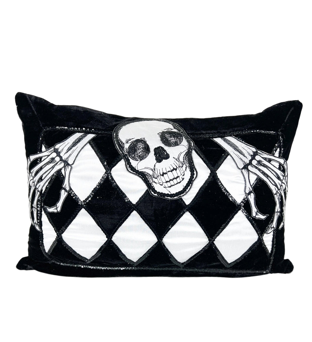Black and White Velvet and Sequin Skull Harlequin Pillow