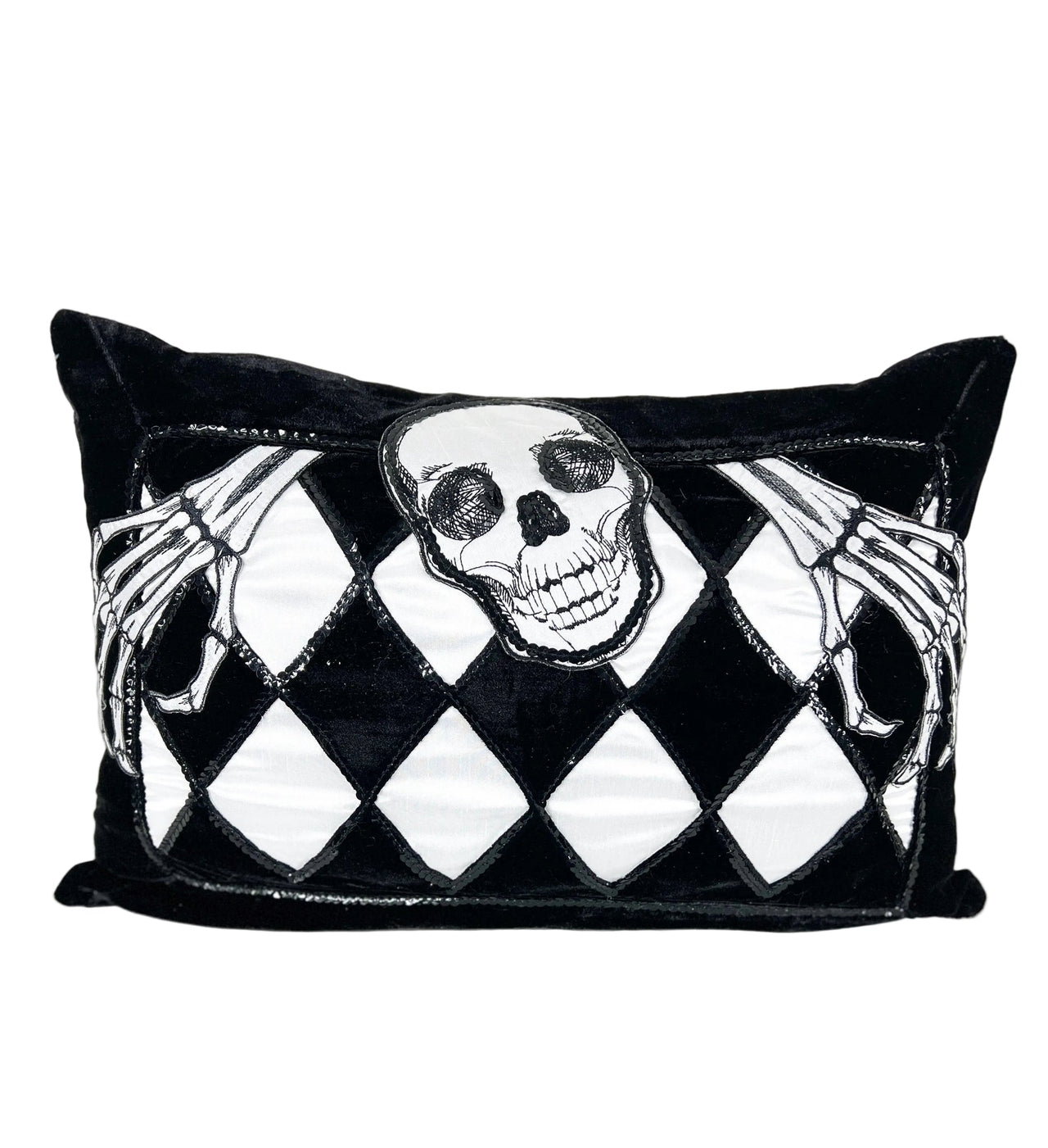 Black and White Velvet and Sequin Skull Harlequin Pillow