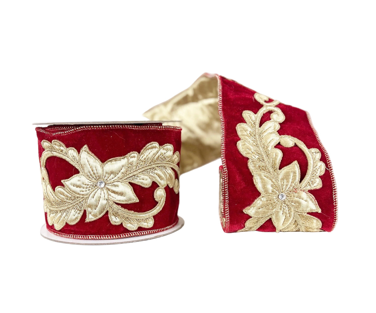 Pre-Order 2026- Regal Red and Gold Floral with Diamond Accent 4"x5Y Wired Ribbon