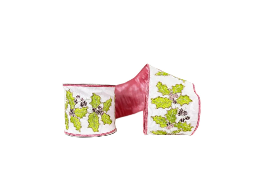 Pink Holly Leaves Ebroidered Dupioni Double-Faced Wired Ribbon 4"x5Y