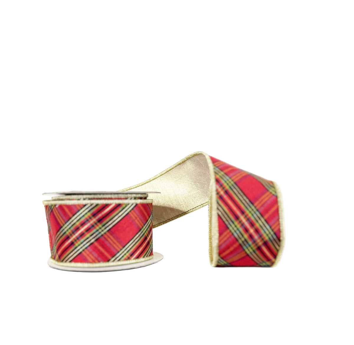 Red Bias Cut Metallic Tartan Gold Fused Double SIded Wired Ribbon 2.5"x5Y