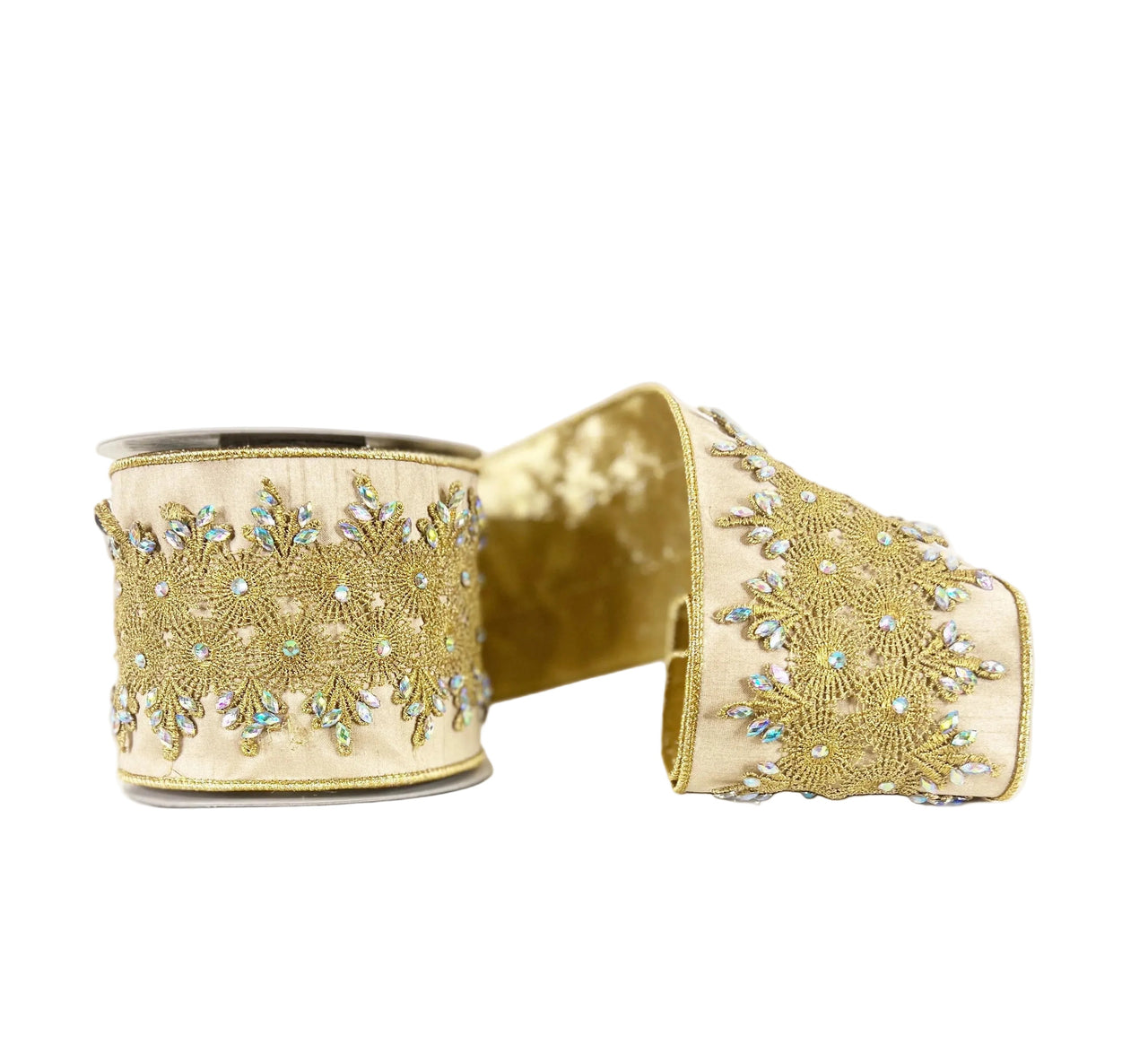 Beaded Trim on Dupion with Gold Metallic Double Sided Wired Ribbon4"x5Y