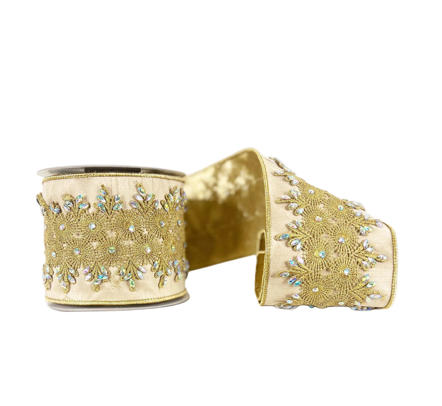 Beaded Trim on Dupion with Gold Metallic Double Sided Wired Ribbon4"x5Y