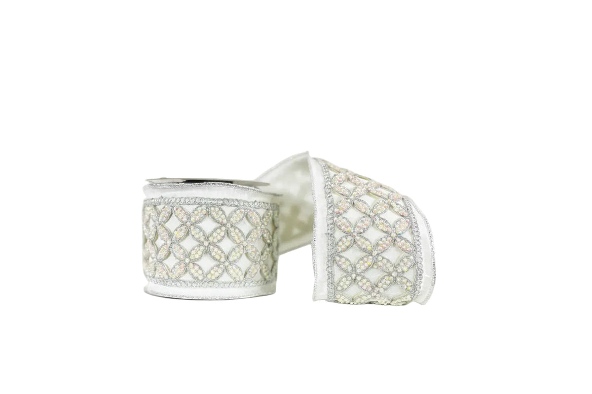 White Dupioni with Jeweled Trim Wired Ribbon 4"x5Y