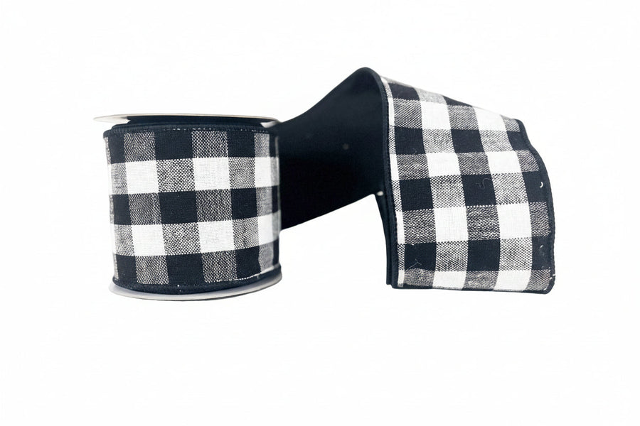Black and White Cotton Checks Double Sided Taffeta Wired Ribbon 4"x5Y