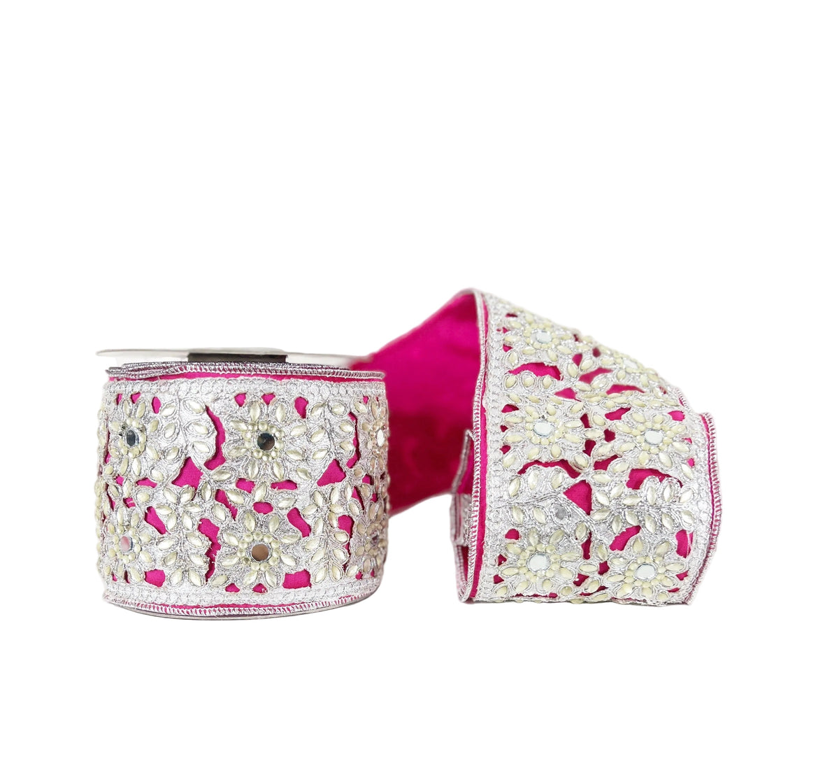 Hot Pink Jewel Trim Taffeta 4" Wired Ribbon